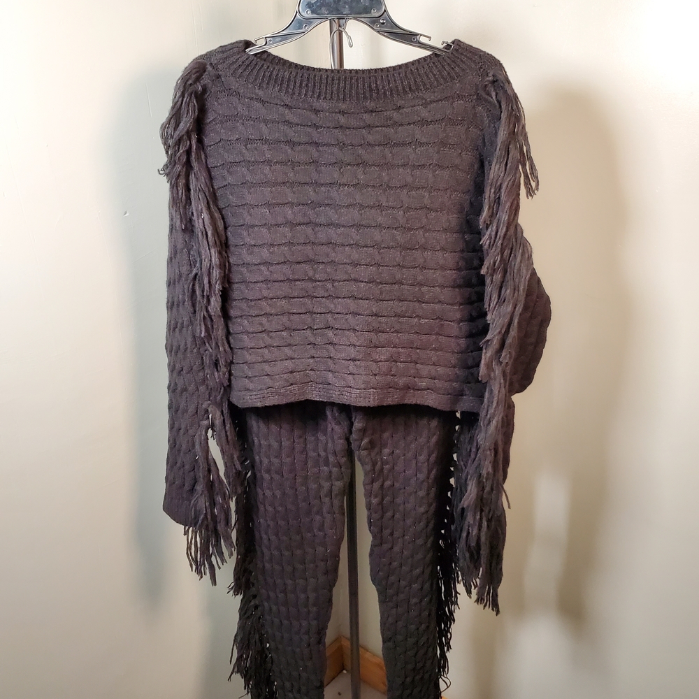 Chic Knit Fringe Pantsuit in Black